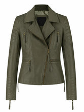 Modern Olive Green Fitted Leather Jacket for Women Front