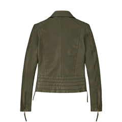 Modern Olive Green Fitted Leather Jacket for Women