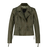Modern Olive Green Fitted Leather Jacket for Women