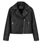Women's Black Leather Jacket with Asymmetrical Zip & Studs