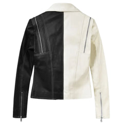 Women's Black and White Color Block Leather Jacket