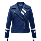 Women's Blue Leather Jacket with White Stripe Detail