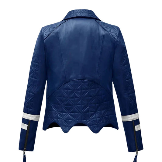 Stylish Blue Leather Jacket with White Stripes