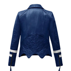 Stylish Blue Leather Jacket with White Stripes
