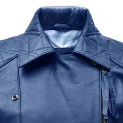 Stylish Blue Leather Jacket with White Stripes