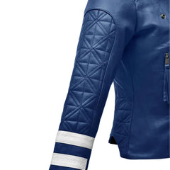 Stylish Blue Leather Jacket with White Stripes