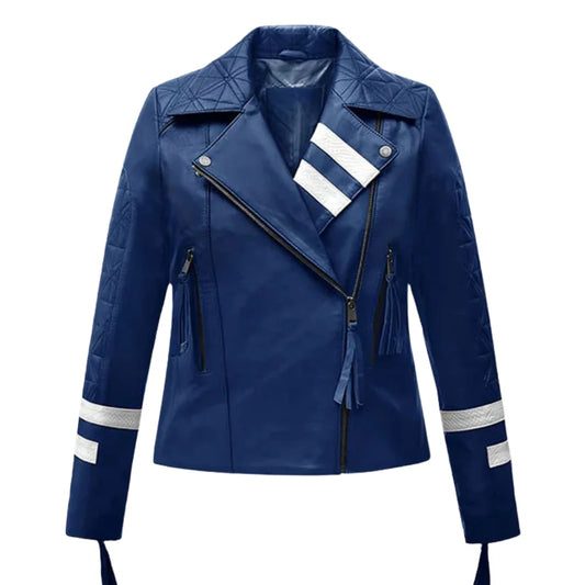 Stylish Blue Leather Jacket with White Stripes