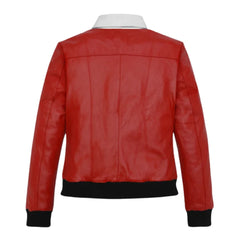 Stylish Red Leather Jacket with Contrast White Collar