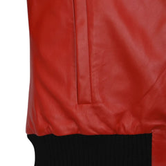 Stylish Red Leather Jacket with Contrast White Collar