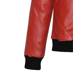 Stylish Red Leather Jacket with Contrast White Collar