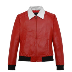 Stylish Red Leather Jacket with Contrast White Collar