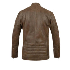Brown Leather Banded-Collar Chest-Zip Jacket