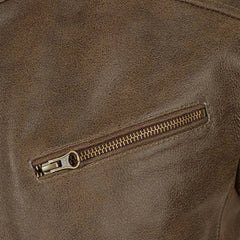 Brown Leather Banded-Collar Chest-Zip Jacket