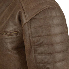 Brown Leather Banded-Collar Chest-Zip Jacket