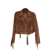 Vintage-Inspired Brown Suede Jacket with Fringe Detailing