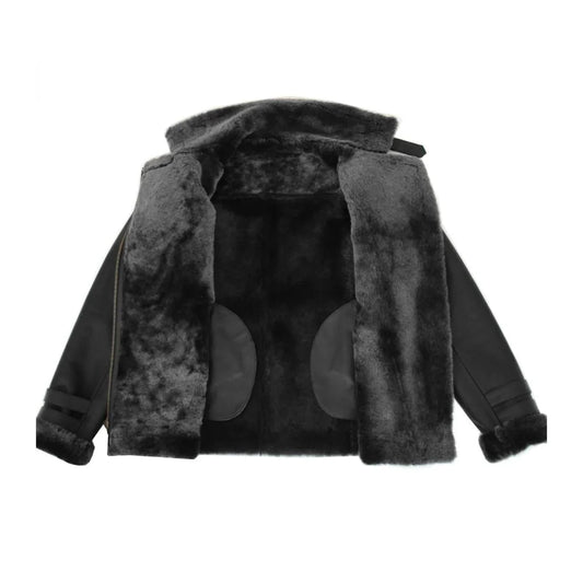 Women Black Belted Shearling Jacket