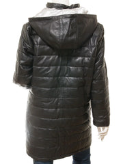 Women's Black Hood Puffer Leather Coat