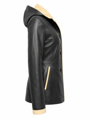 Women Black Leather Hooded Coat
