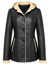 Women Black Leather Hooded Coat