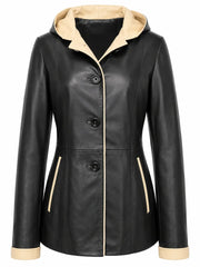 Women Black Leather Hooded Coat
