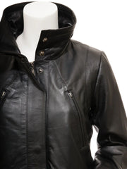 Women Classic Black Leather Long Coat