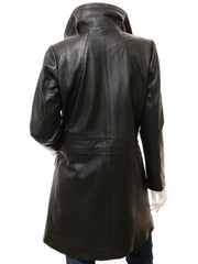 Women Classic Black Leather Long Coat