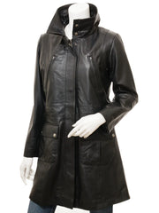 Women Classic Black Leather Long Coat