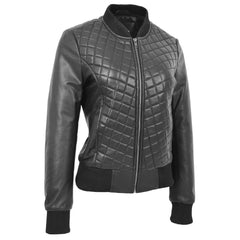 Women Black Quilted Leather Bomber Jacket
