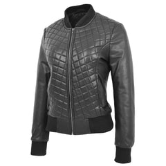 Women Black Quilted Leather Bomber Jacket