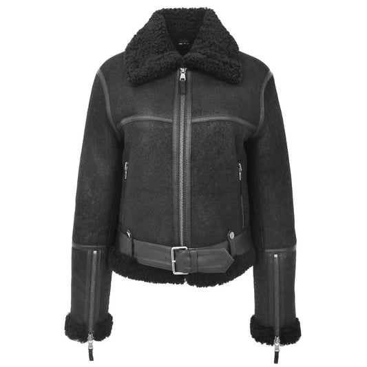 Women Black Shearling Bomber Jacket