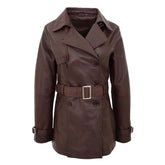 Women Brown Belted Leather Trench Coat
