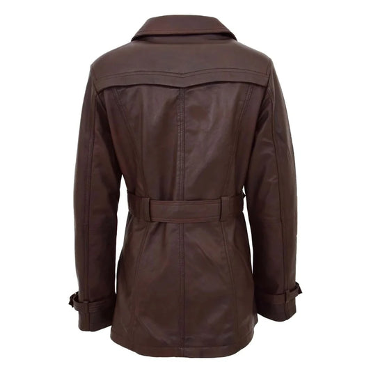 Women Brown Belted Leather Trench Coat