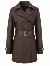 Women Brown Belted Leather Trench Coat