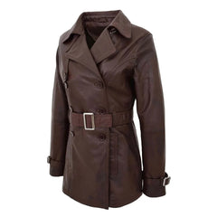 Women Brown Belted Leather Trench Coat