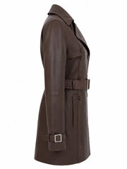 Women Brown Belted Leather Trench Coat