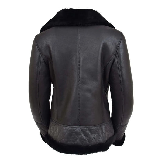 Women Brown Quilted Leather Shearling Jacket