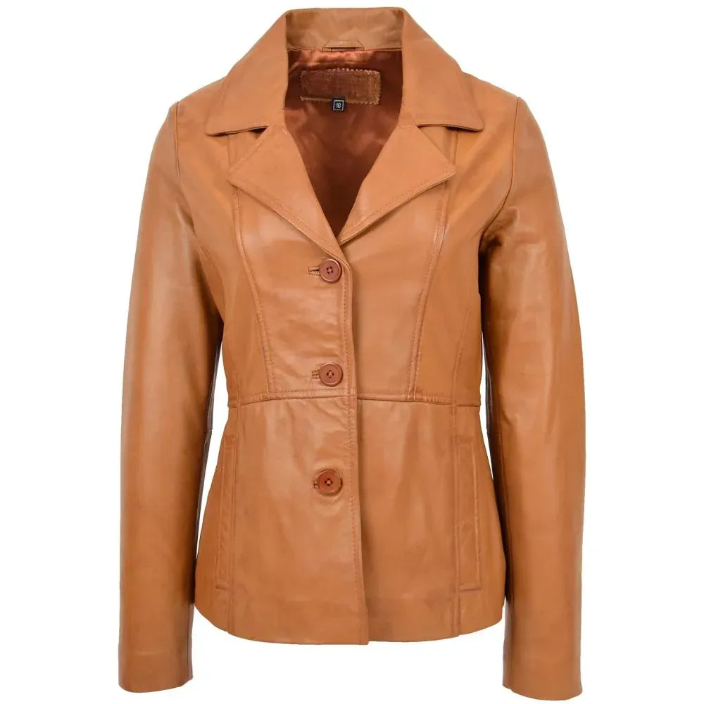 Women's Tan Leather Three-Button Coat