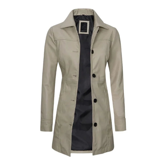 Women Long Beige Leather Coat