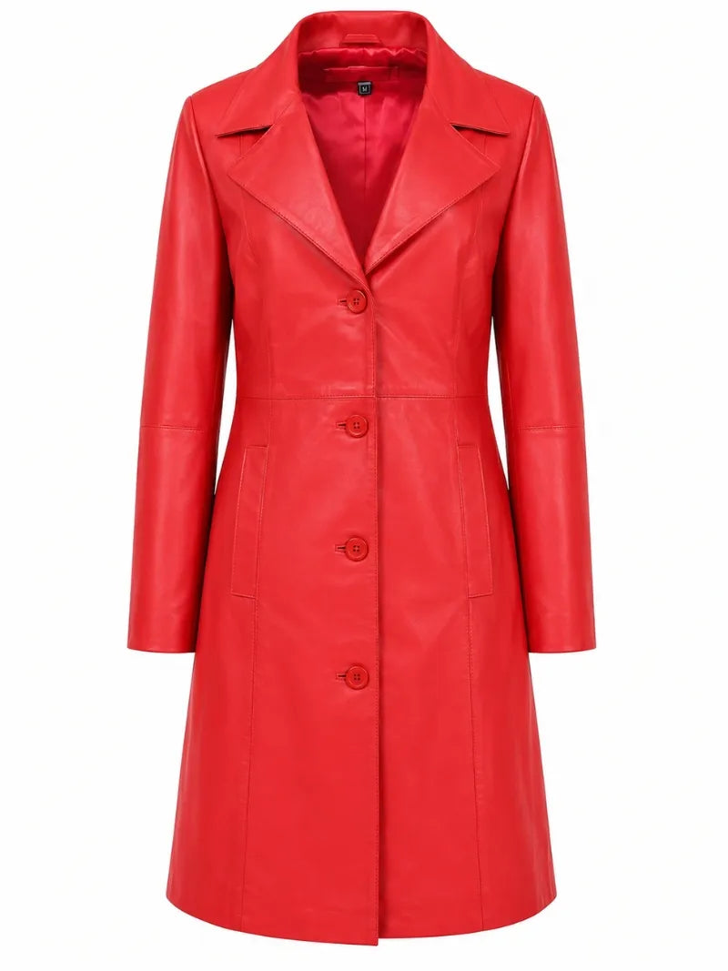 Women Long Red Leather Coat