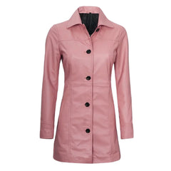 Women Premium Pink Leather Trench Coat