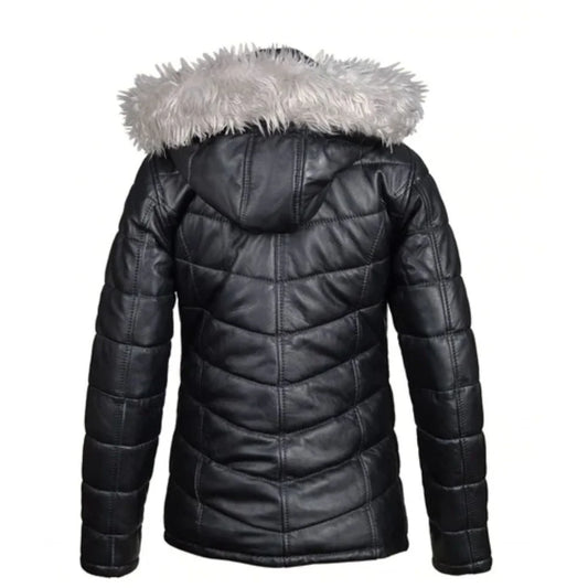 Women Snow’s Winter Fur Trimmed Puffer Leather Jacket