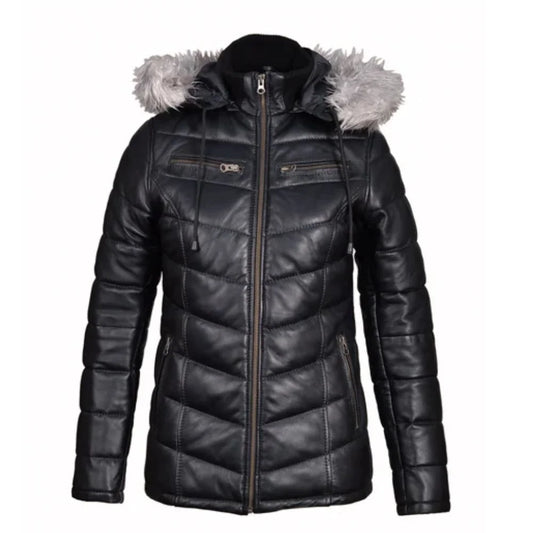 Women Snow’s Winter Fur Trimmed Puffer Leather Jacket