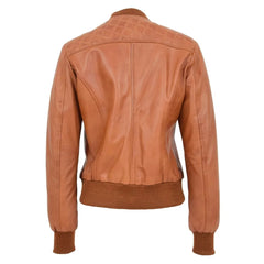 Women Tan Quilted Leather Bomber Jacket