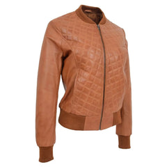 Women Tan Quilted Leather Bomber Jacket