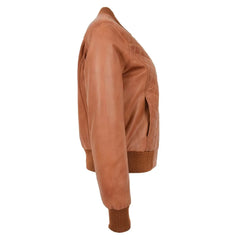 Women Tan Quilted Leather Bomber Jacket