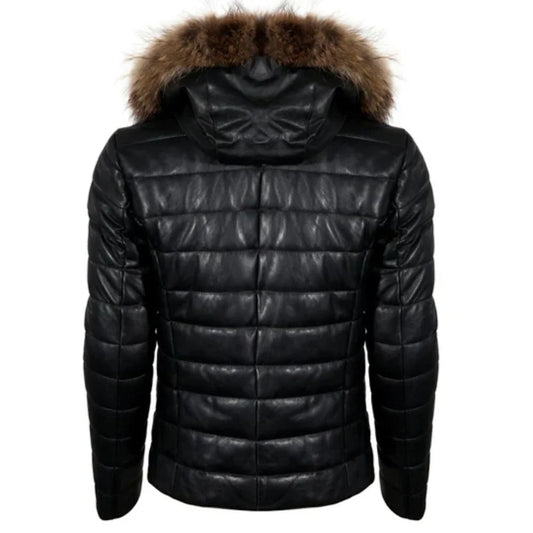 Women Winter Puffer Leather Hooded jacket