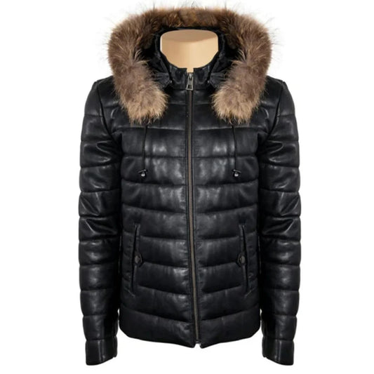 Women Winter Puffer Leather Hooded jacket
