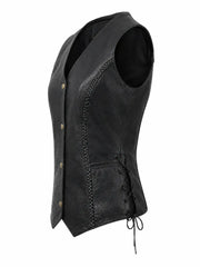 Women's Classic Black Leather Vest, collar detail