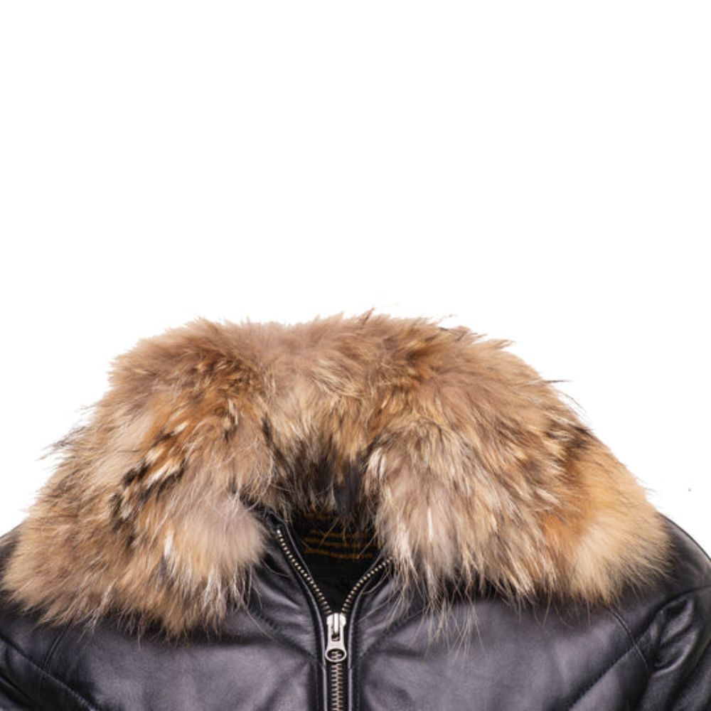 Women Handmade V-Bomber Style Puffer Leather Jacket With Fur Collar