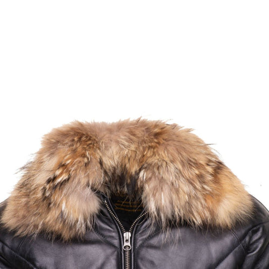 Women Handmade V-Bomber Style Puffer Leather Jacket With Fur Collar